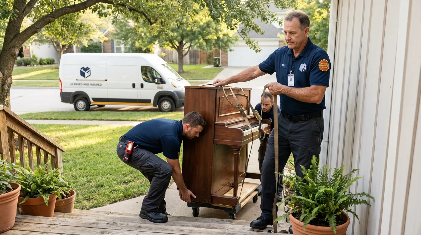 Licensed piano movers securing grand piano in Evans, GA