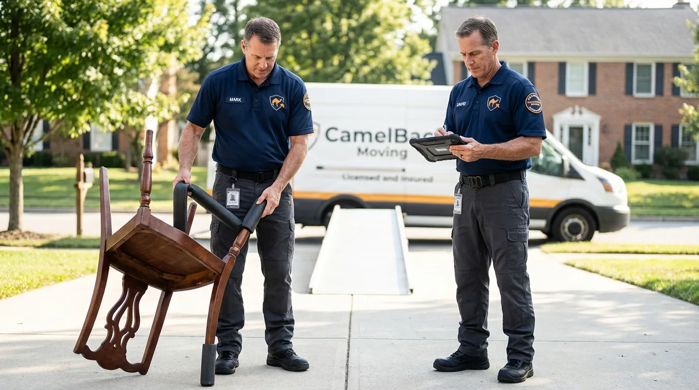 Movers inspecting furniture for damage prevention before loading in Evans, GA