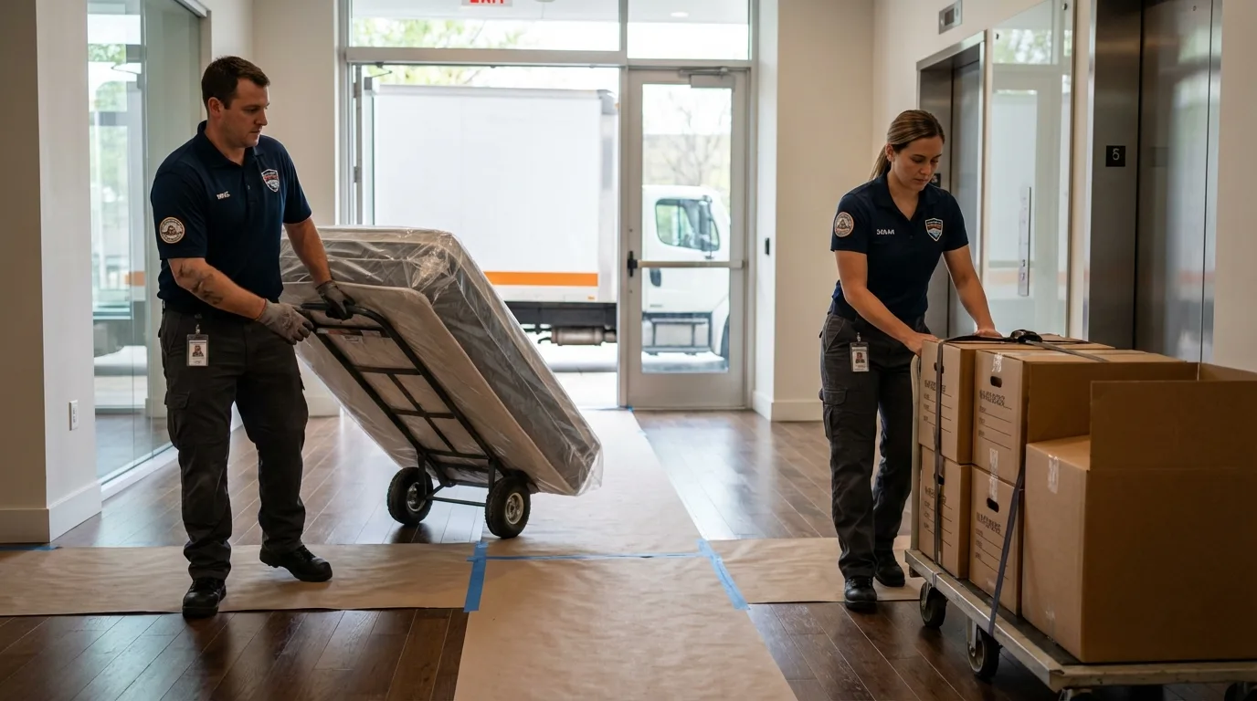 Professional apartment movers loading elevator in Evans, GA